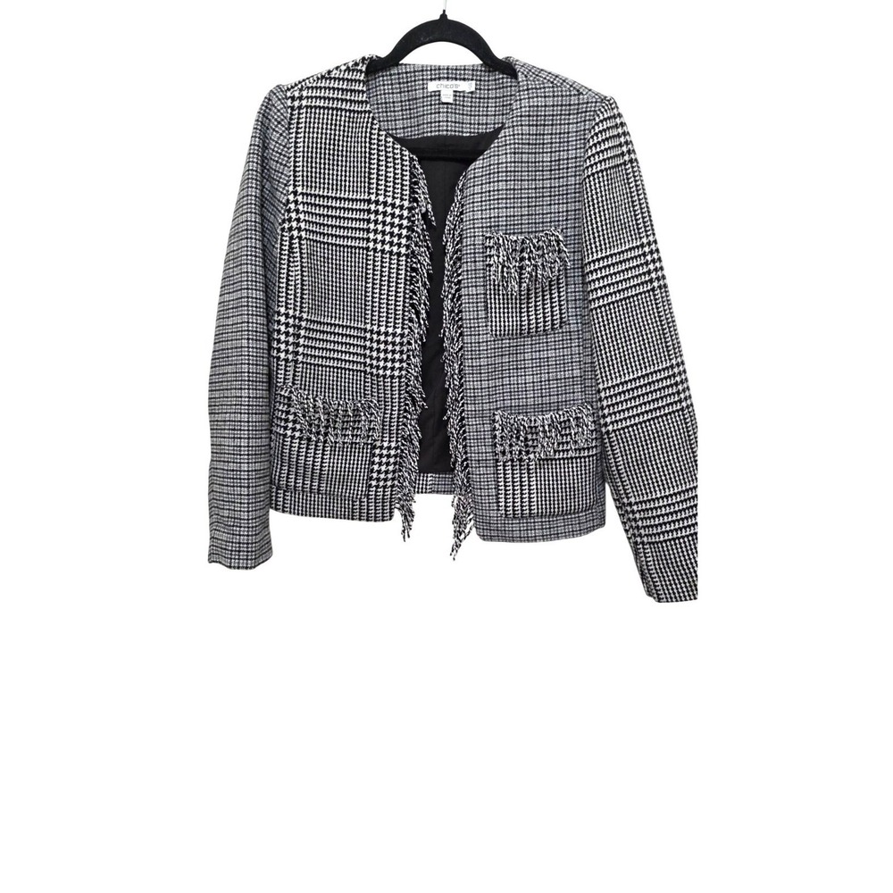 Chico Women 6 Black & White Houndstooth Tweed Jacket Fringe Trim Open Front Long